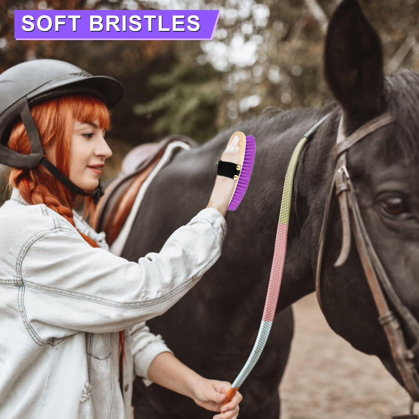 GINDOOR 9 Pieces Grooming Kit with Tote Bag, Sweat Scraper, Sponge, Hoof Pick, Curry Comb for Horse Riders Beginners (Purple)