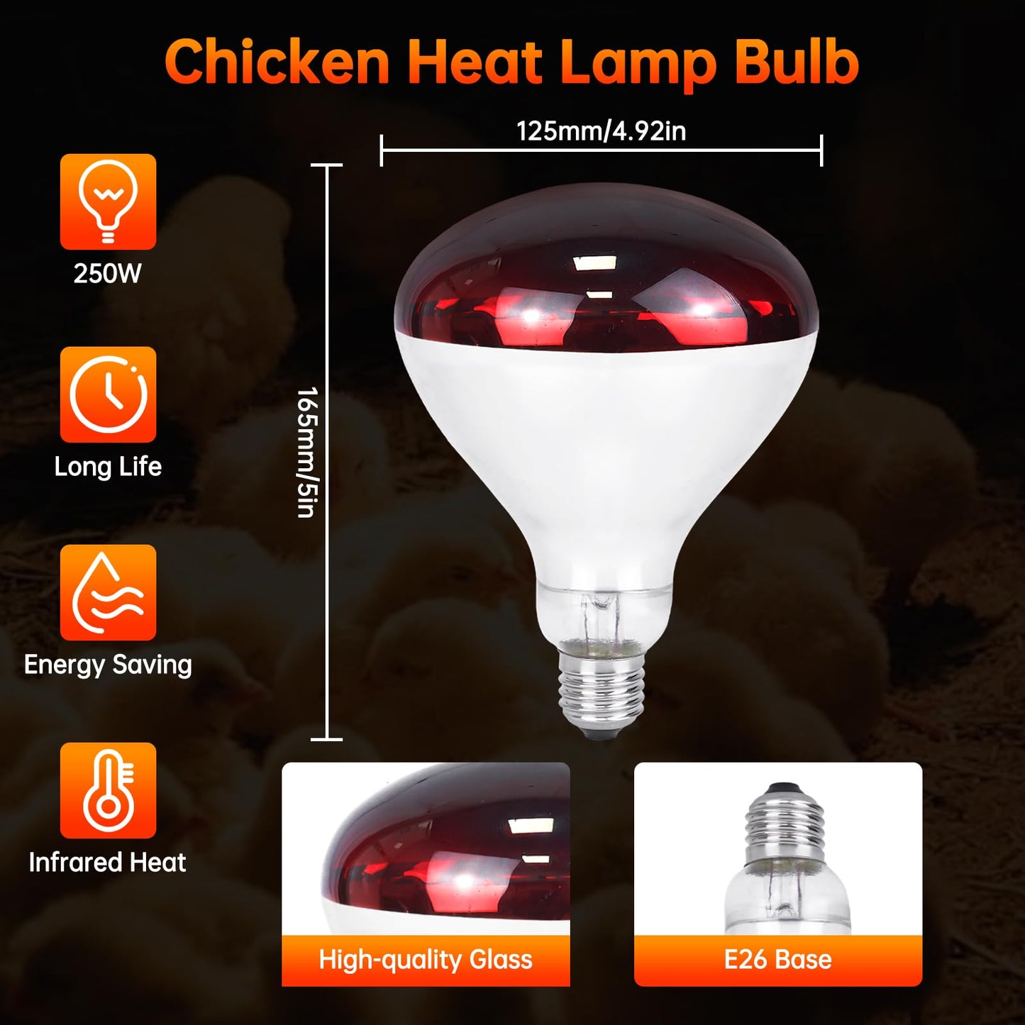 LUCKY HERP Heat Lamp for Chickens, 250 Watt Red Heat Lamp Bulbs, Infrared Heat Lamp for Chickens, Chicks, Reptile, Pets, Brooder Coop, Poultry (1 Pack)