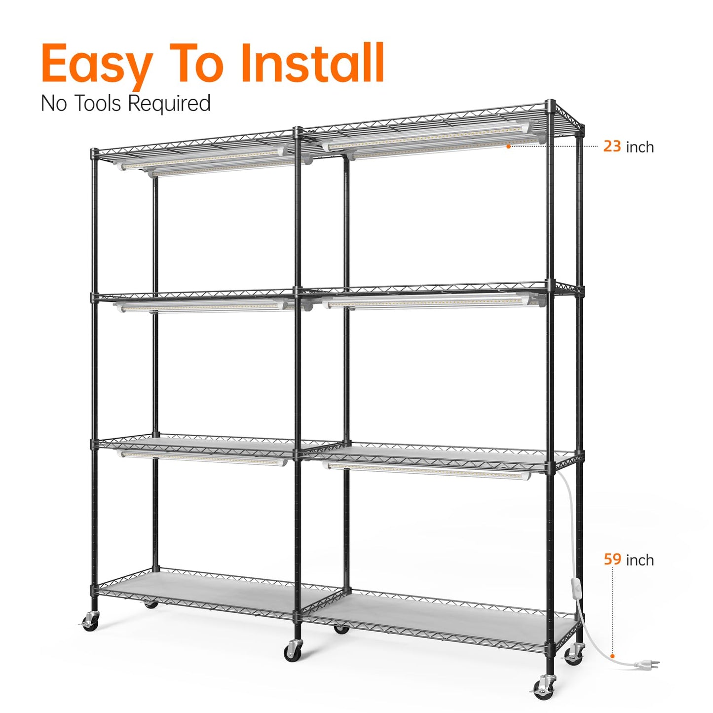 Bstrip Plant Shelf with Grow Light, 4-Tier Large Grow Light Shelf with Wheels, Stainless Steel, 12-Pack 288W T8 Full Spectrum Grow Lights for Seed Starting(57.4" L x 13.8" W x 59" H)