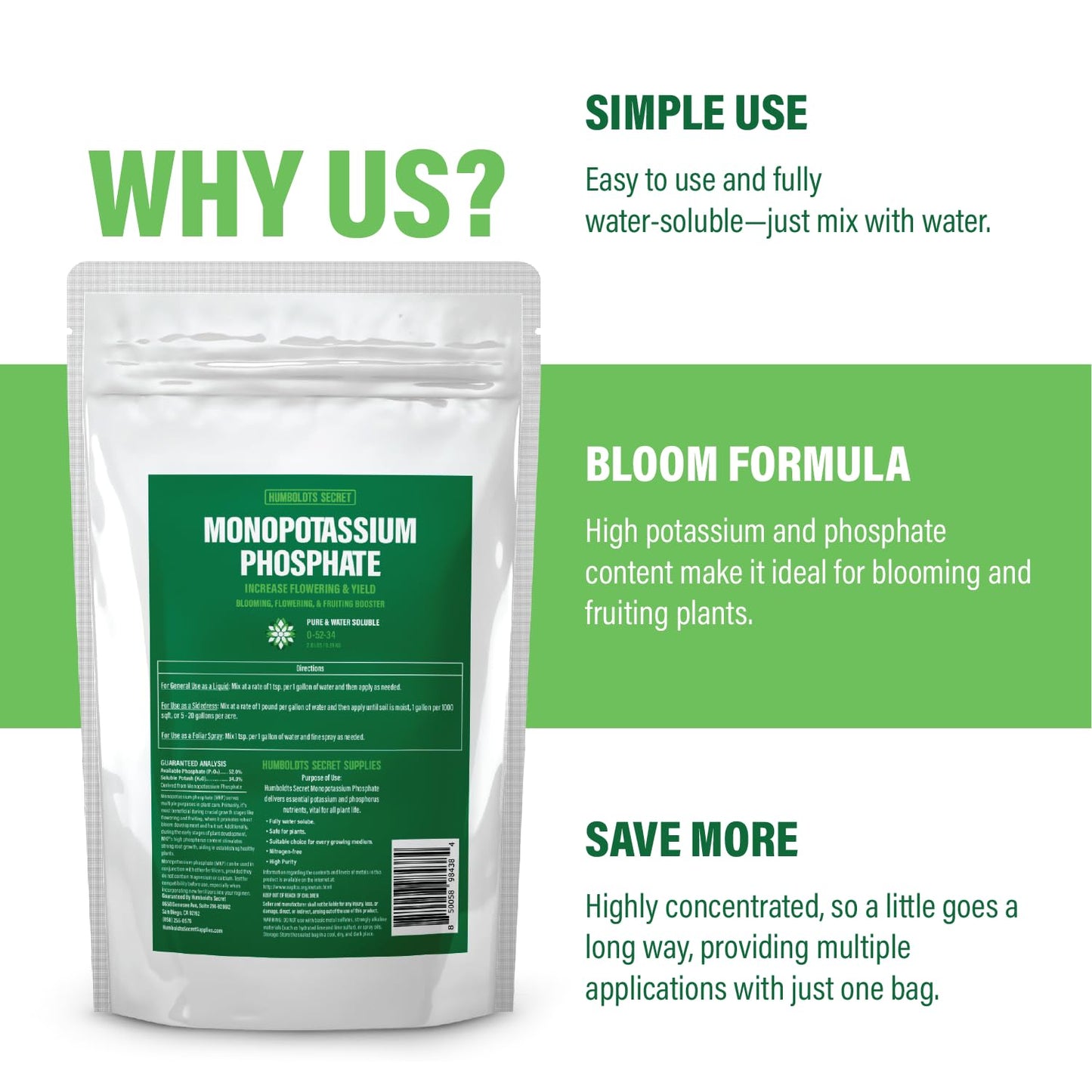 Humboldts Secret Monopotassium Phosphate 0-52-34 | MKP Fertilizer Bloom Booster for Flowers, Fruits & Vegetables | High Purity Water Soluble Phosphorus and Potassium Plant Food | 5 lb