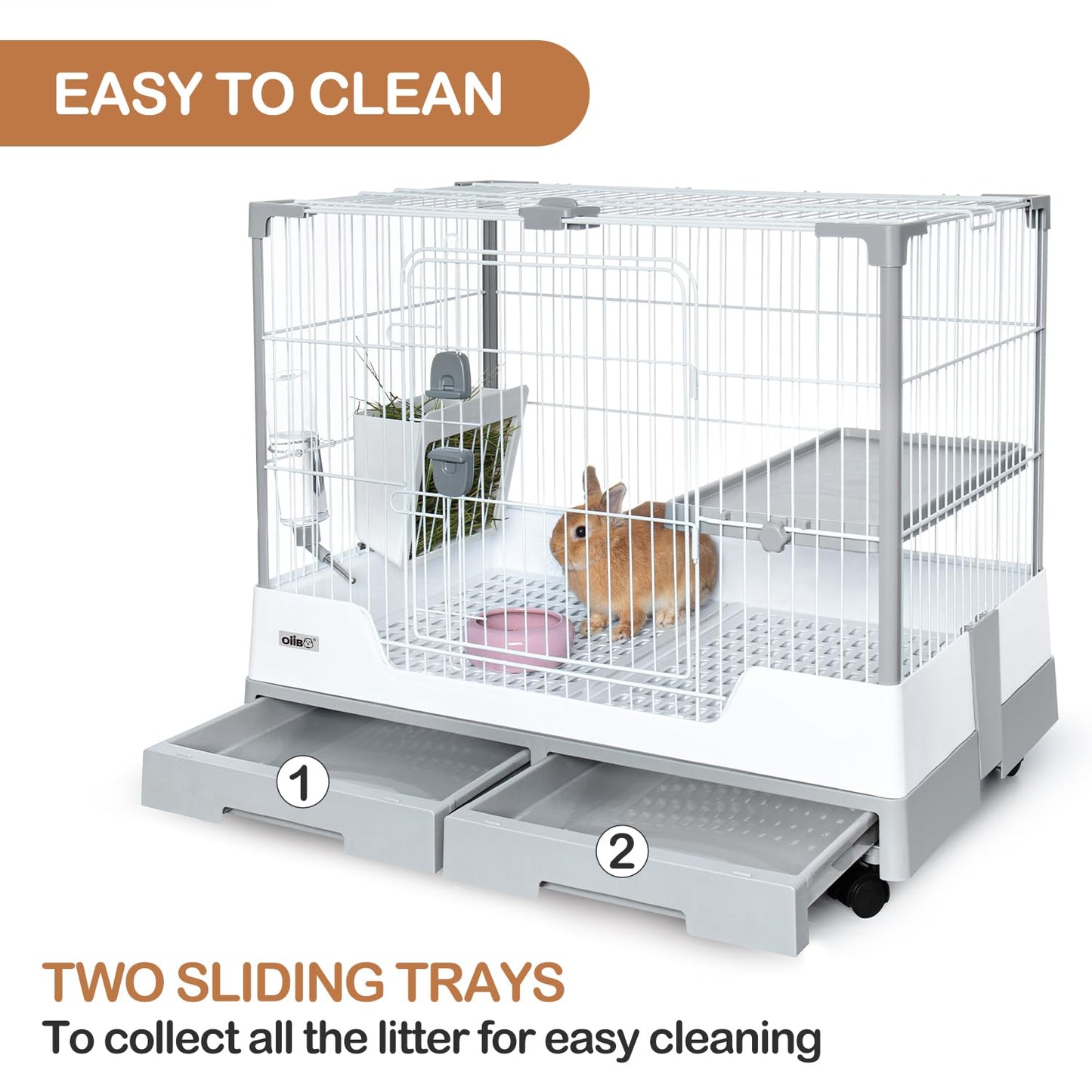 OIIBO Deluxe Rabbit Cage, 32" × 21" × 26" Large Space Bunny Cage Foldable Small Animal Cage with Pull Out Tray and Caster Platform, Professional Household Anti-Spray Urine Rabbit Cage Hutch Indoor