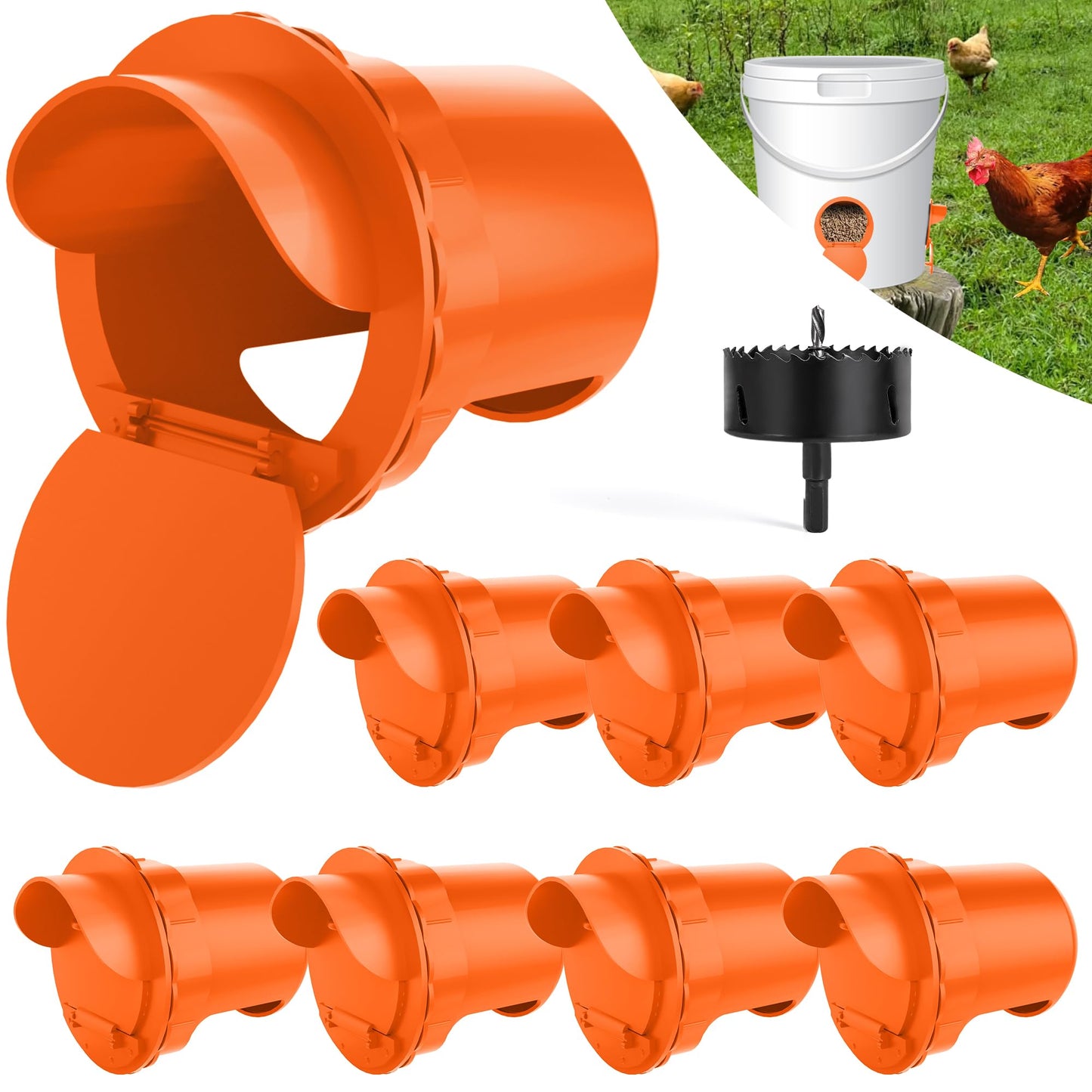 Chicken Feeder Port 8pcs Poultry No Waste Port Kit with Stopper Lid, 1 Hole Saw, DIY Automatic Reusable Coop Feeders, Rain Proof Gravity Feeding Geese Duck Hens Rooster for Bucket Barrel Bin (Orange)