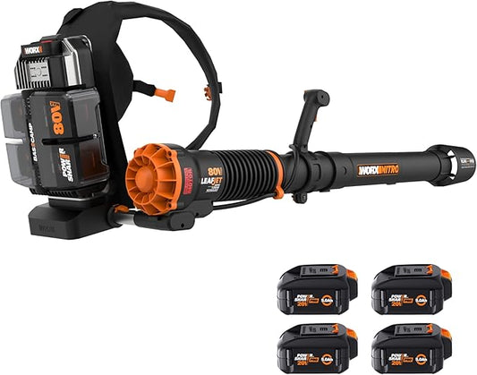 WORX Nitro WG572 80V Cordless Leaf Blower, Backpack Blower with 800CFM & 150MPH, Electric Blower for Lawn Care with Brushless Motor & Variable Air Control, 4 Batteries & Basecamp Charger Included