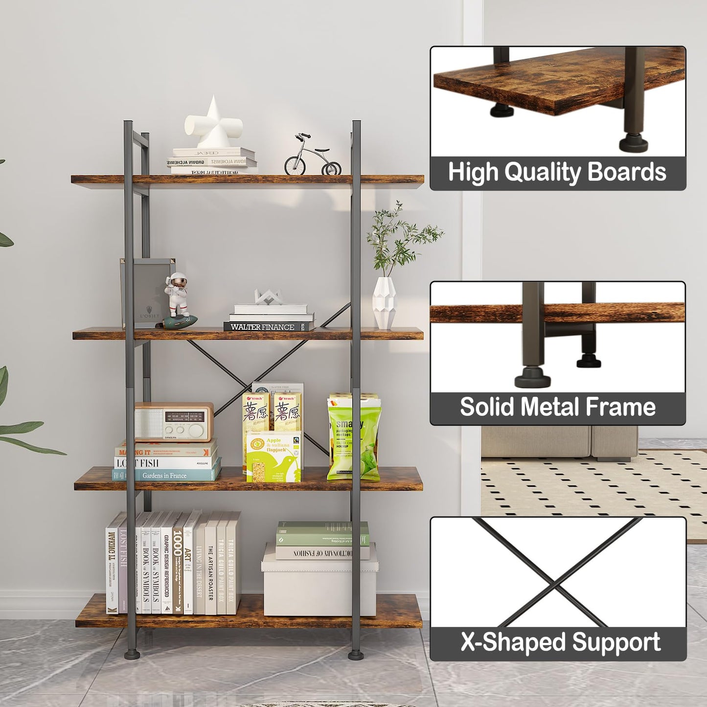 Azheruol 4 Tiers Bookshelf Rustic Brown Wooden Storage Shelf, Industrial Shelf Book Organizer,Modern Open Display Storage Bookcase,Metal Bookshelf Standing Tall Shelving Units for Home Office Study.
