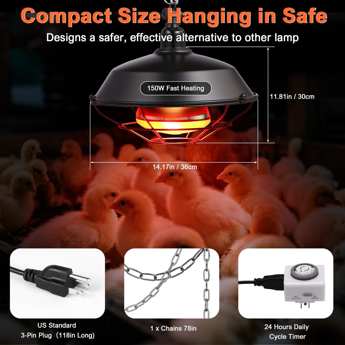 Yinsun Chicken Coop Heater, 150w Heat Lamp with 24-Hour Indoor Basic Timer, Daily On/Off Cycle - 30 Minute Interval, Adjustable Height Heater for Outdoor Chicken Reptile Rabbits Dog Cats
