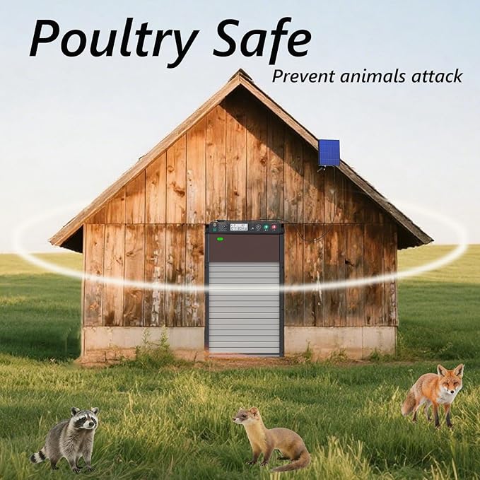 Automatic Chicken Coop Door Solar Powered with Timer&Light Sensor&Manual&Remote, Roller Chicken Door Opener, Anti Pinch,Large Poultry Aluminum Alloy Run Chicken Door with Battery
