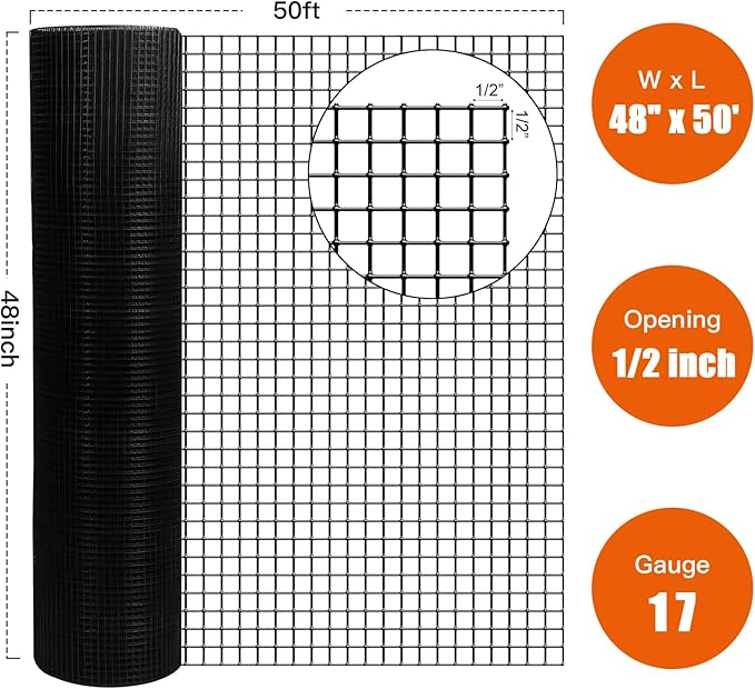 48" x 50' 1/2inch PVC Hardware Cloth Vinyl Coated Chicken Wire Fence Galvanized Welded Mesh Roll for Home Garden Rabbit Cage, Black-PVC