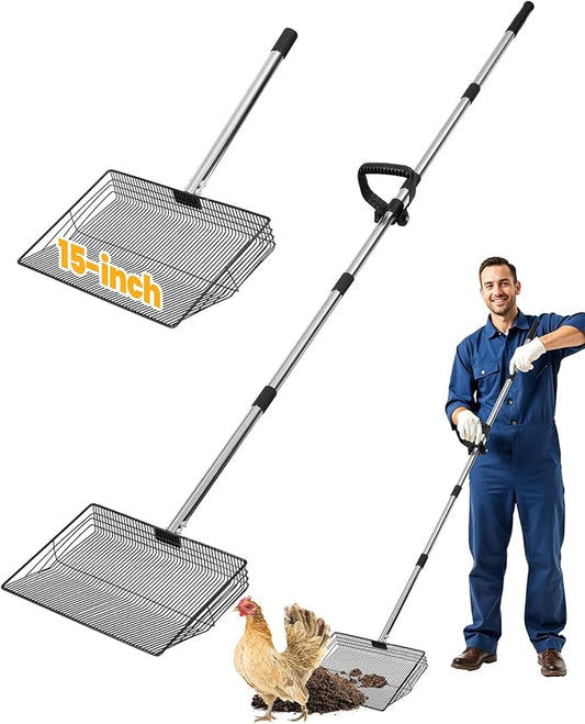 15" Extra Large Chicken Poop Scooper with Ergonomic Grip, Adjustable Length (24.6"–76.6"), Metal Sifting Shovel with Holes for Chicken Coop Cleaning, Multifunctional Chicken Manure Scoop