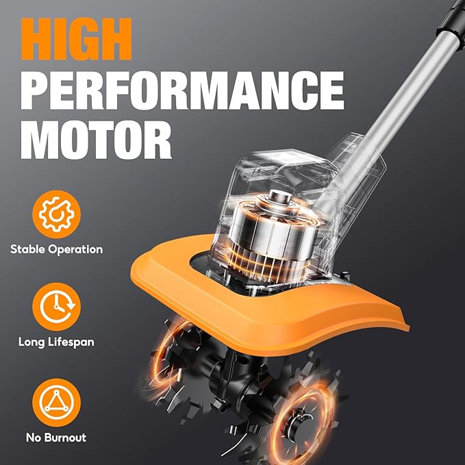 Upgraded Cordless Tiller for Gardening with 8.0Ah (2×4.0Ah Batteries), 48 Steel Tines Battery Rototiller, 9" Width 6.6" Depth Garden Tiller Cultivator for Soil, Tending & Composting (Orange)