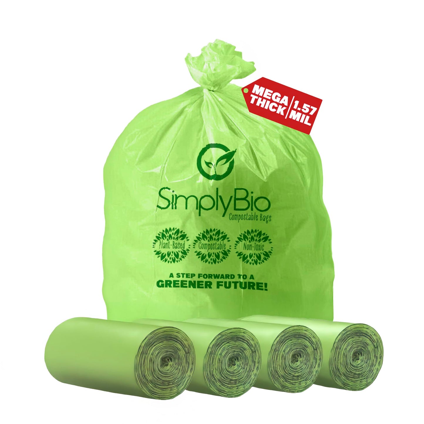 Simply Bio 96 Gallon Compostable Trash Bags Liners Flat-Top, Heavy Duty Extra Thick 1.57 Mil, 363.4 Liter, 40 Bags, Lawn, Yard, and Restaurant Use, ASTM D6400, US BPI, OK Compost Home Certified