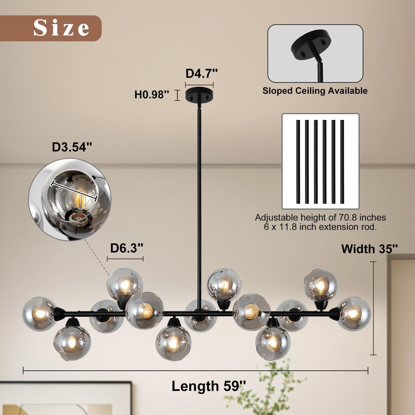 Lzawvm Dining Room Linear Chandelier 13 Lights Sputnik Chandelier Black Kitchen Island Smoky Gray Glass Globe Pendant Light for Living Room Farmhouse Sloped Ceiling, Dia 59 Inch