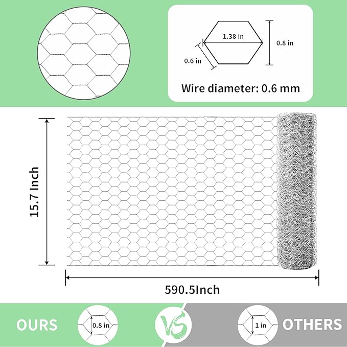 Chicken Wire 15.7 in x 590.5 in Poultry Wire Netting Hexagonal Galvanized Mesh Garden Fence Barrier for Pet Rabbit Chicken Fencing with 100 Pcs Cable Zip Ties