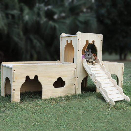 Niteangel Wooden Rabbit Castle and Hideout - Spacious and Breathable Bunny House Tunnel for Rabbit Chinchilla Guinea Pigs or Other Small-Sized Pets (Single-Layer Castle)