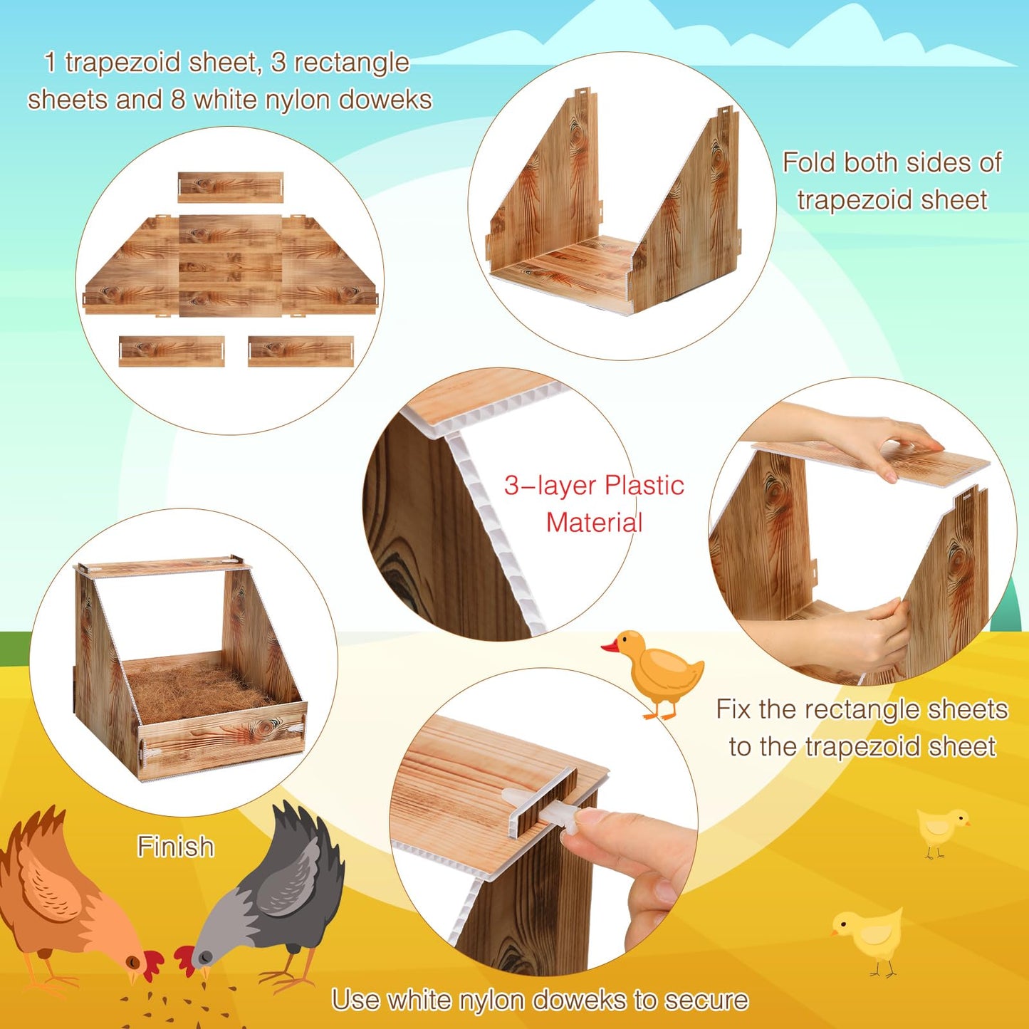 Teenyyou Chicken Nesting Box with 3 Pads for Laying Eggs Plastic Hen Nest Box Wooden Surface Chicken Coop Laying Boxes for Hen Duck Poultry
