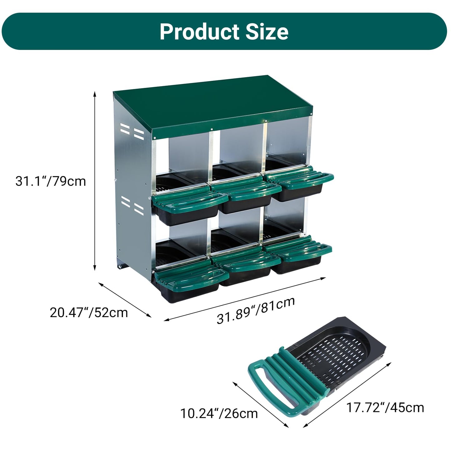 CuisinSmart Nesting Boxes for Chickens, 6-Holes Chicken Nesting Boxes, Chicken Laying Box with Lid Cover, Roll Away Nest Box for Chicken Coop to Protect Eggs, Green