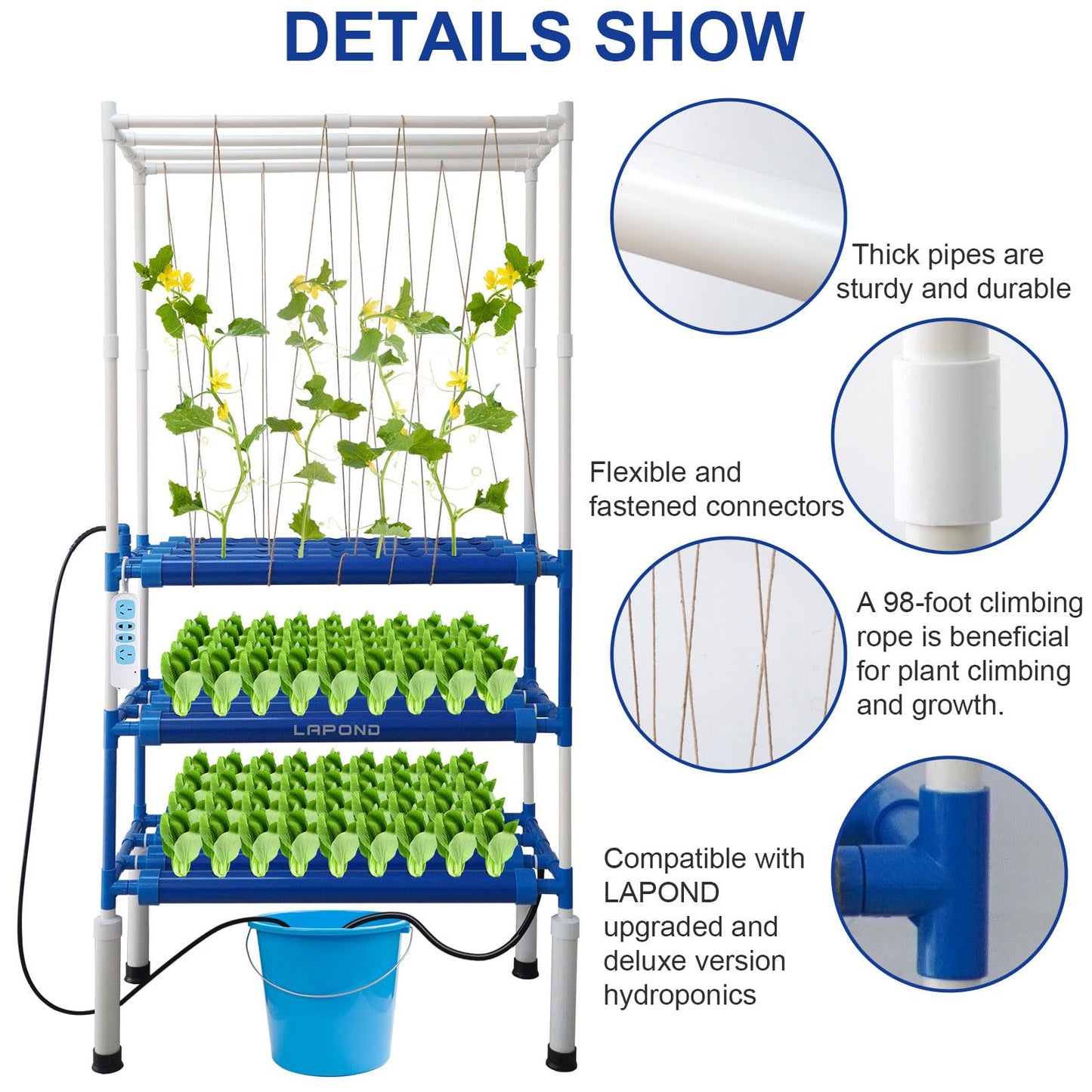 LAPOND Block Light Hydroponics Growing System Kit with Plant Climbing Frame,108 Plant Sites 3 Layers Food-Grade PVC-U Pipes for Leafy Vegetables,Fruits, Herbs(Deluxe Version)