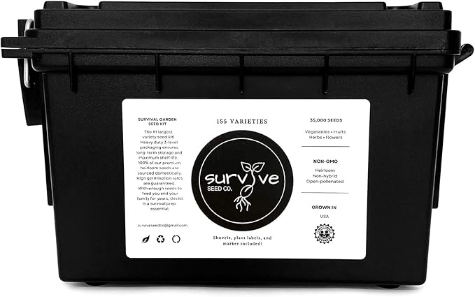 Survival Seed Kit America's #1 Largest Assortment of Heirloom Seeds - 155 Varieties - (Over 65,000 Seeds) Vegetable Fruit Herb Flower, Non-GMO, Seed Vault, Home Garden by Survive Seed Co.