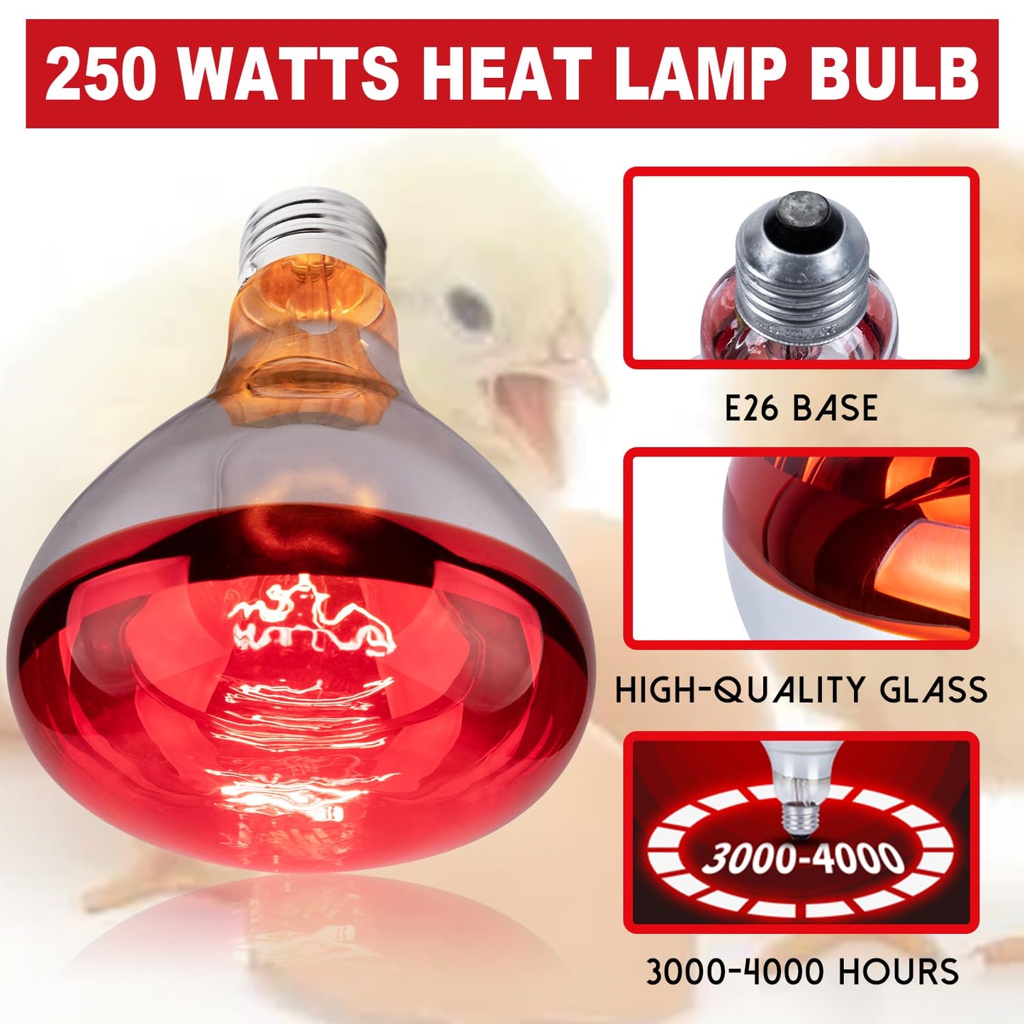 Wesome Lighting 6 Pack 250W Heat Lamp Bulbs for Chicks, R40 Brooder Heat Lamp for Chickens, Infrared Reflector Heating Bulbs, Incandescent Heat for Pet, Light Therapy, Bathroom, Food
