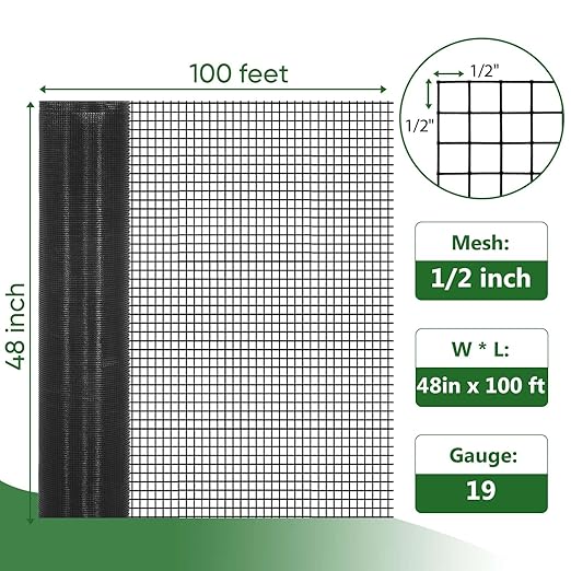 Hardware Cloth 1/2 inch 48" x 100' ft Black Mesh -19 Gauge Black Vinyl Coated Welded Wire Mesh Roll PVC Coated Welded Wire Fence Chicken Wire Fencing Mesh Roll