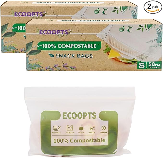 100% Compostable Snack Zip Bag | ECO-Friendly Small Storage Bags | Freezer Bag | Plant-Based BPA-free | Seal well for Cookie, Chips and Snack (2, Small)