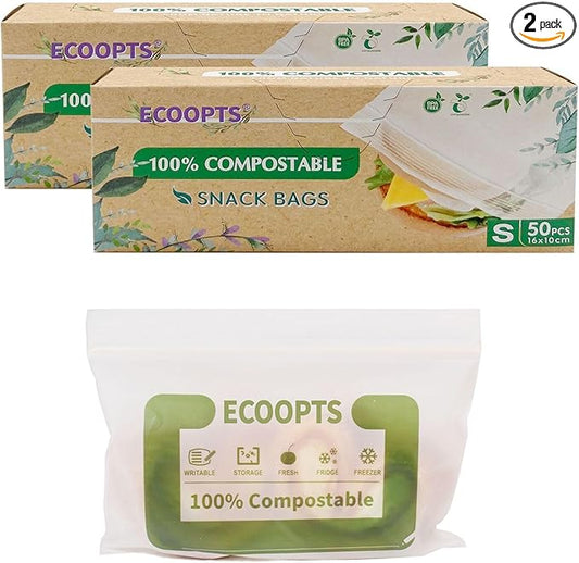 100% Compostable Snack Zip Bag | ECO-Friendly Small Storage Bags | Freezer Bag | Plant-Based BPA-free | Seal well for Cookie, Chips and Snack (2, Small)