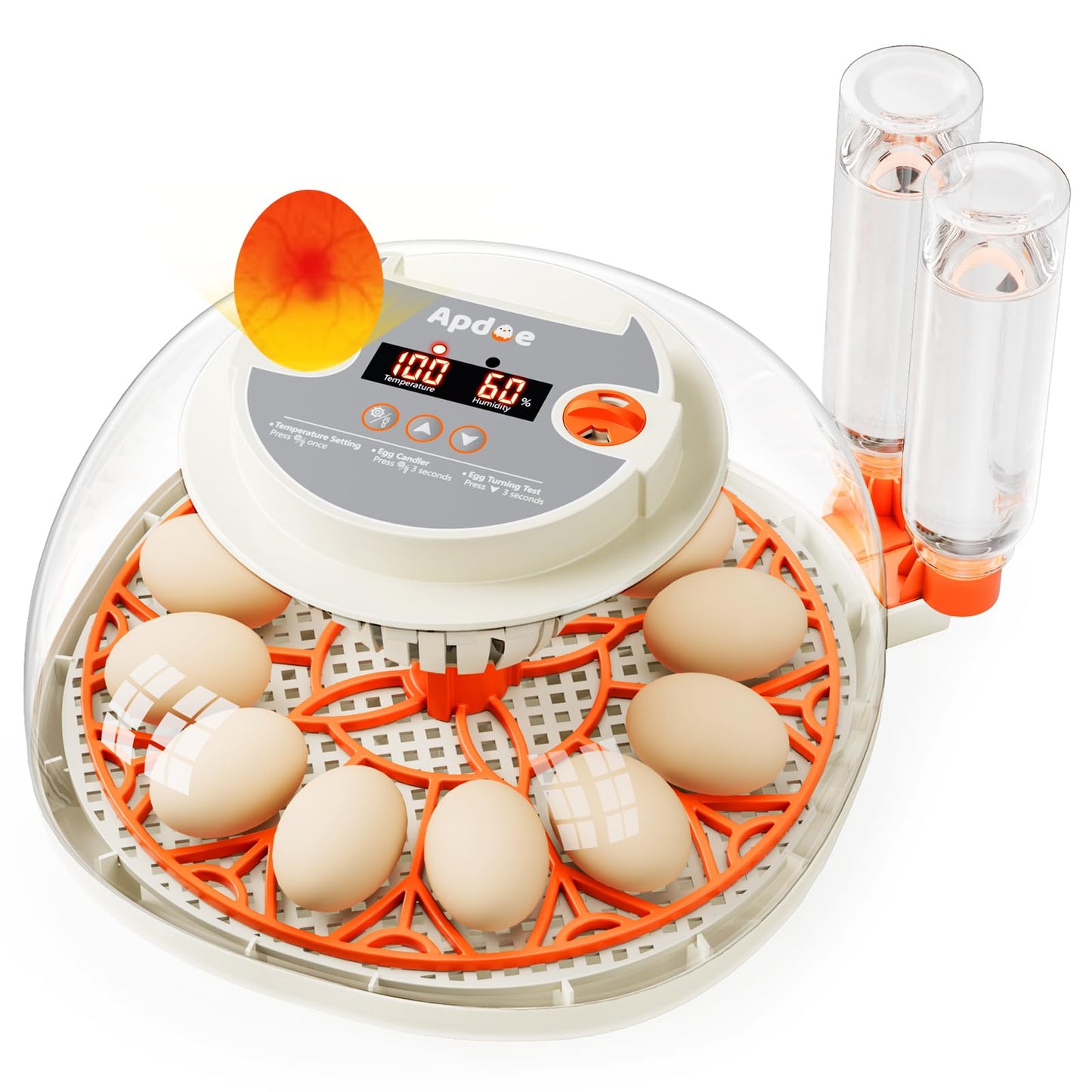 Egg Incubator with Temperature and Humidity Control, Automatic Egg Turner, Egg Candler, External Water Bottle Refill, Air Vent, 360° Clear View, Hatching Chicken Duck Quail Bird, APDOE HatchPro 12