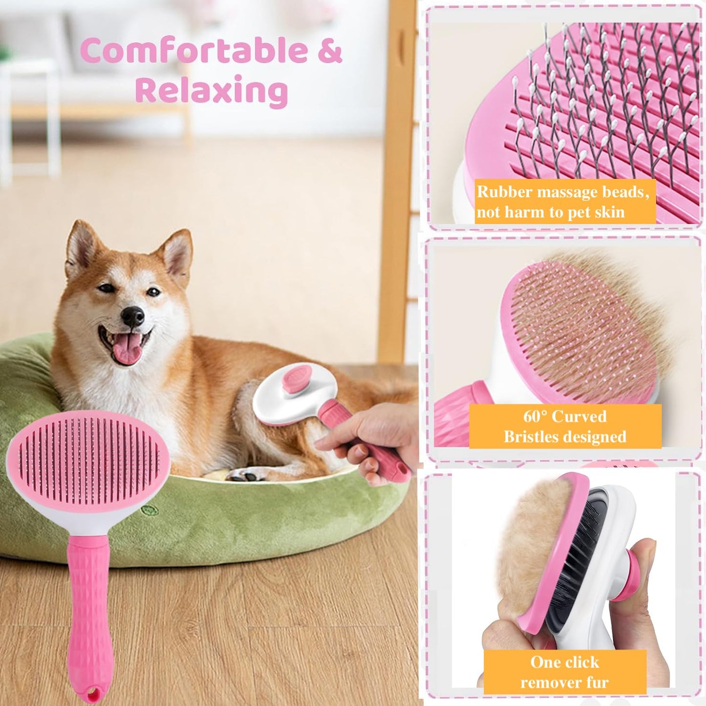 Qubccum 7 Pcs Cat Dog Brush Grooming Kits, Self-Cleaning Slicker Brush, Pet Nail Clipper and File, Flea Comb, Pet Shampoo Bath Brush, Pet Finger Toothbrush, Storage Bag (Pink)