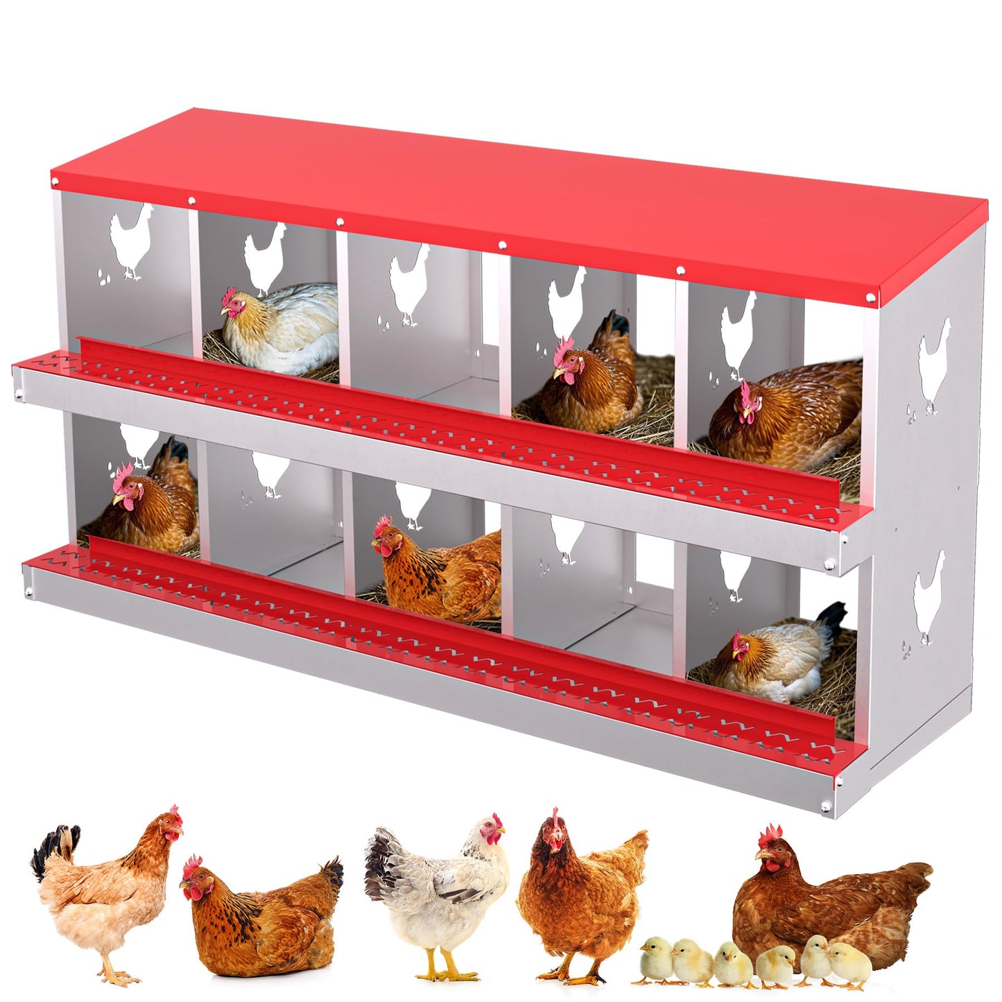 GarveeLife Nesting Boxes for Chickens, 10 Compartment Chicken Nesting Box, Metal Chicken Laying Boxes with Perch, Secure Lid, Versatile Wall Mount or Free Standing for Hens, Red