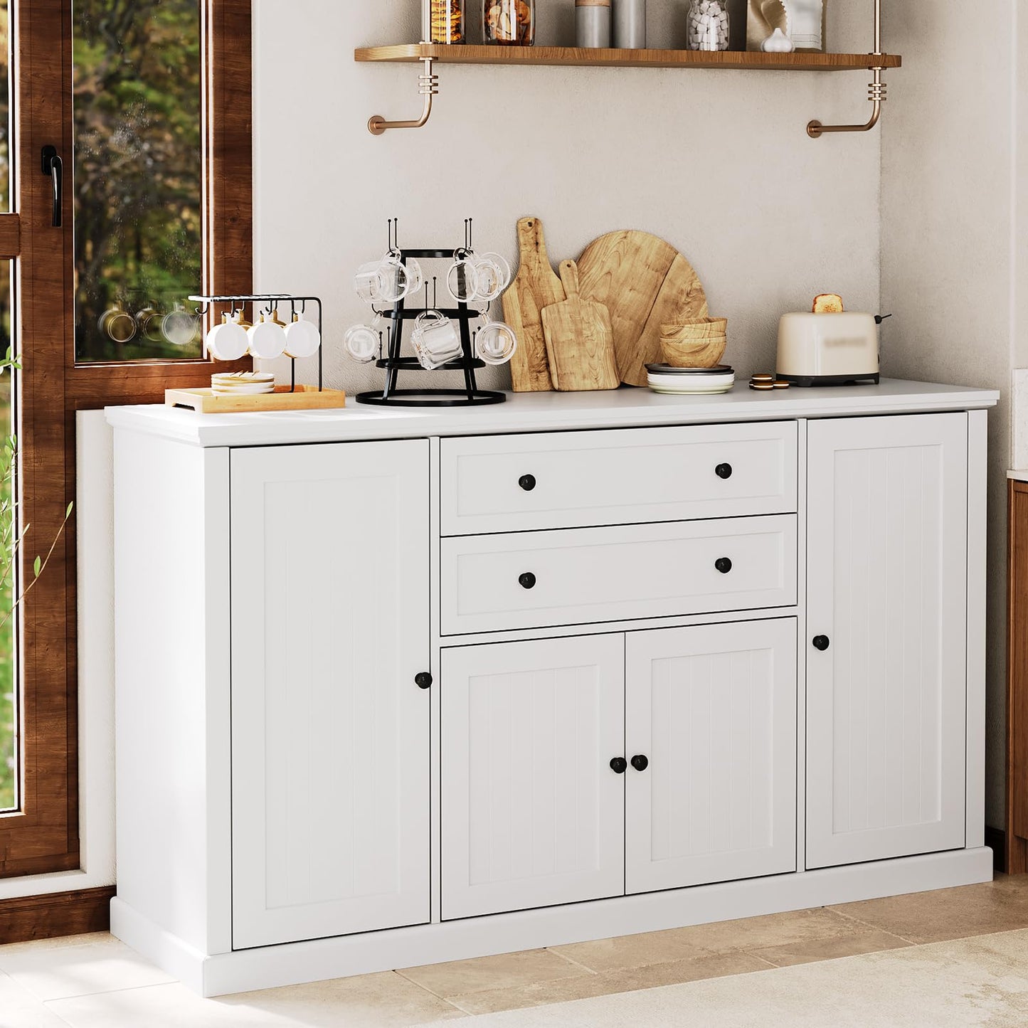 Farmhouse 58" Sideboard Buffet Cabinet with Storage, Sideboard Cabinet with 2 Drawers and 4 Grooved Barn Doors, Wood Coffee Bar Buffet Table for Kitchen, Dining Room- White