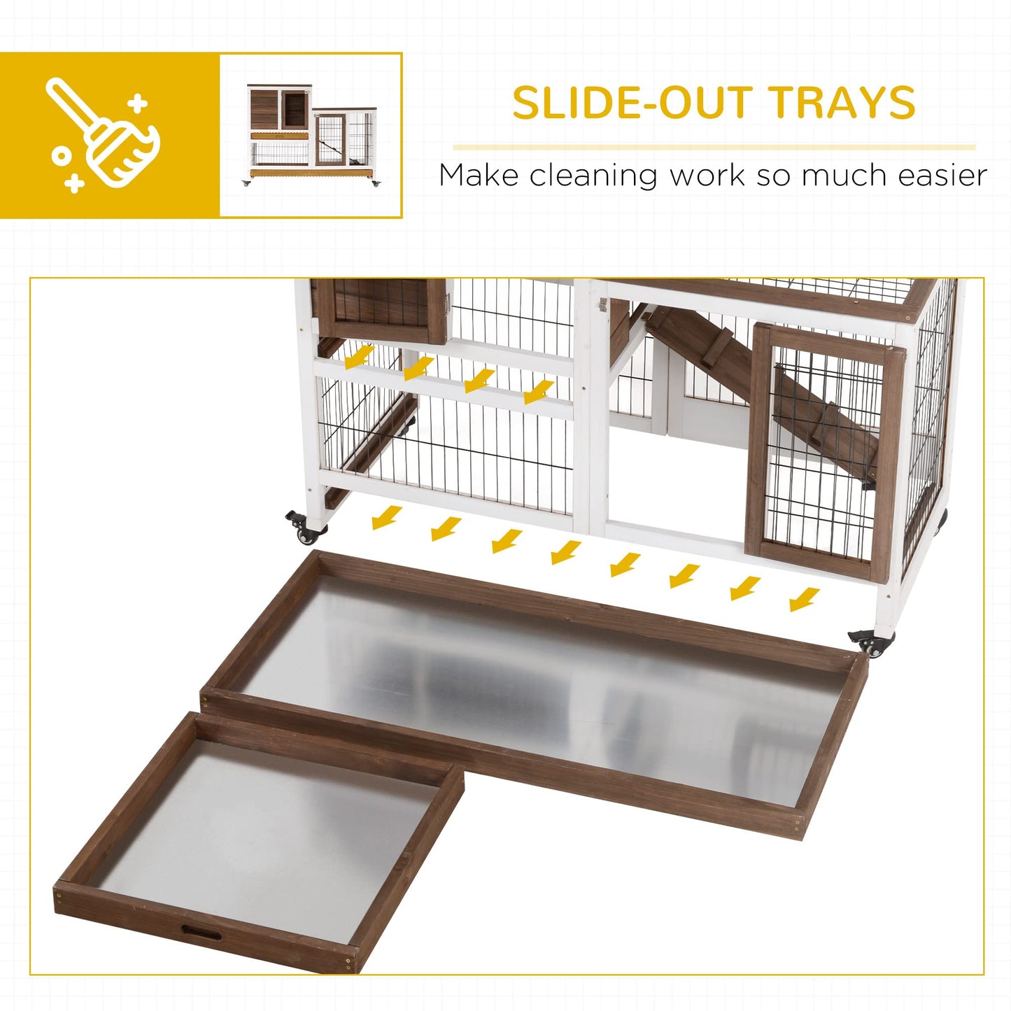 PawHut Wooden Rabbit Hutch Elevated Bunny Cage Indoor Small Animal Habitat with Enclosed Run with Wheels, Ramp, Removable Tray Ideal for Guinea Pigs, Brown