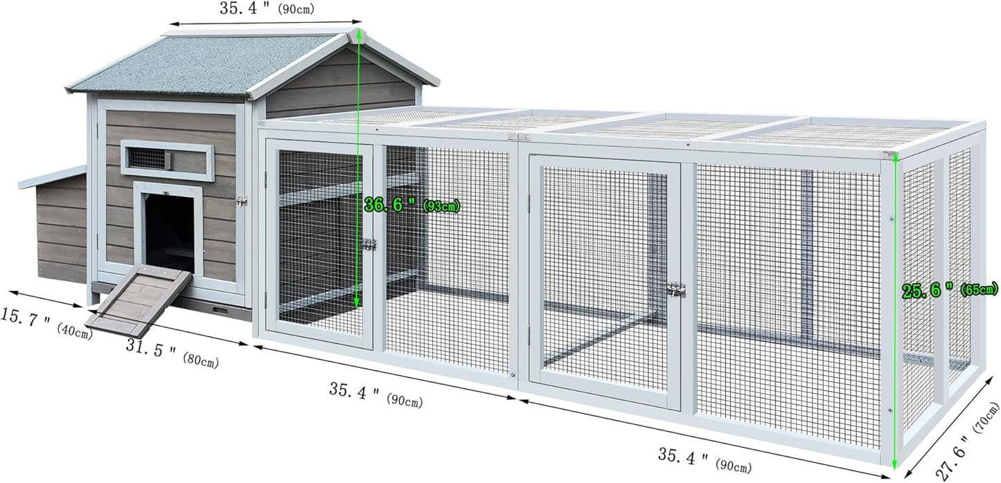 118" Large Chicken Coop with Run & Nesting Box, Outdoor Wooden Poultry House for 2-6 Chickens, UV-Resistant Waterproof Roof, Removable Tray, Sliding Door & Ramp, Rabbit Hutch, Backyard Hen House