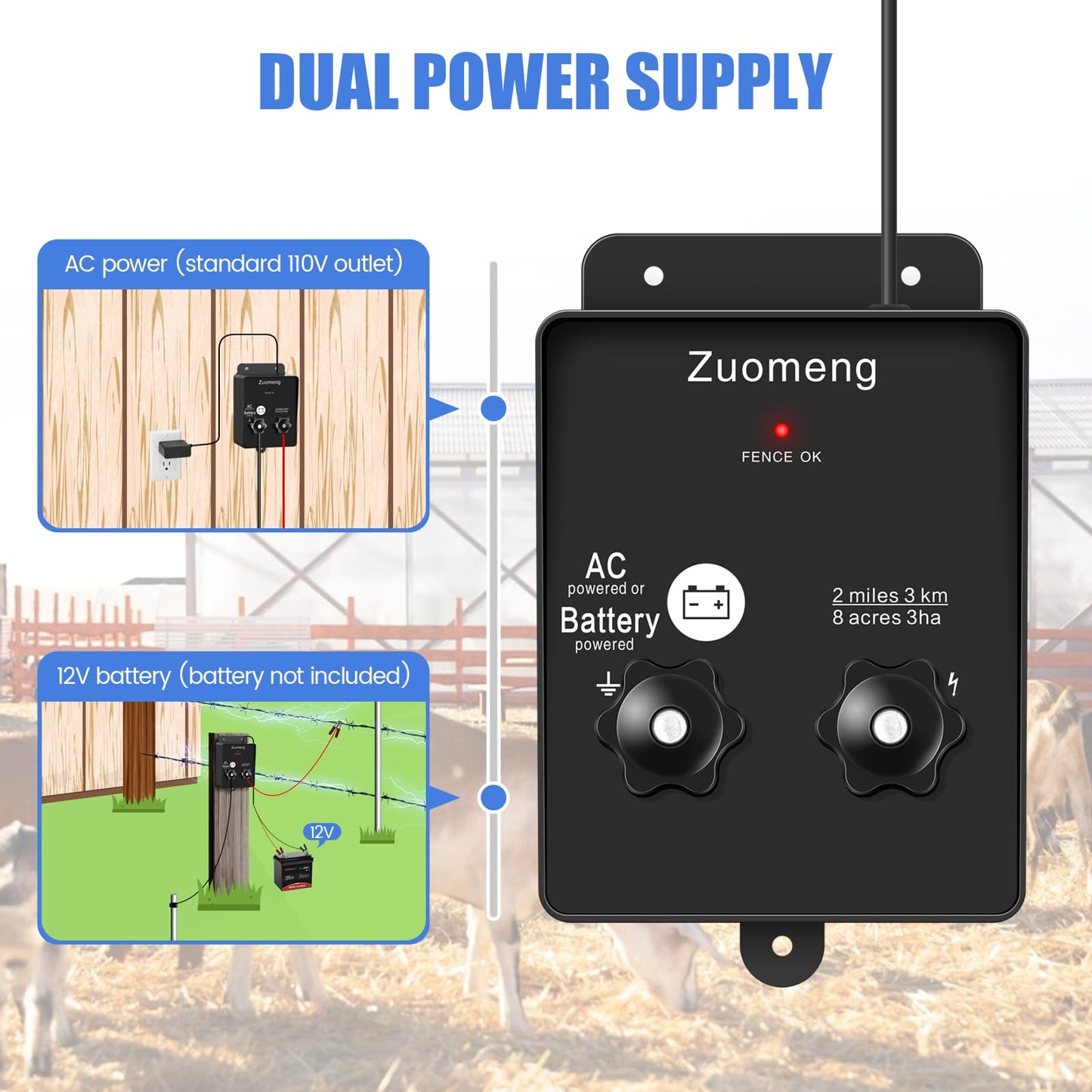 2-in-1 Electric Fence Energizer, Zuomeng 2-mile 8 Acres Electric Fence Charger Powered by Battery or Power Adapter, 0.1 Joules, Protect Your Livestock Garden Pasture from Wildlife