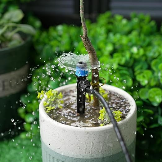 RedChili 50 Pieces Drip Emitters for 1/4" Drip Irrigation Tubing, Adjustable 360 Degree Vortex Drip Emitters with Stake 360° Full Circle Fan Shape Pattern Garden Irrigation Micro Drippers