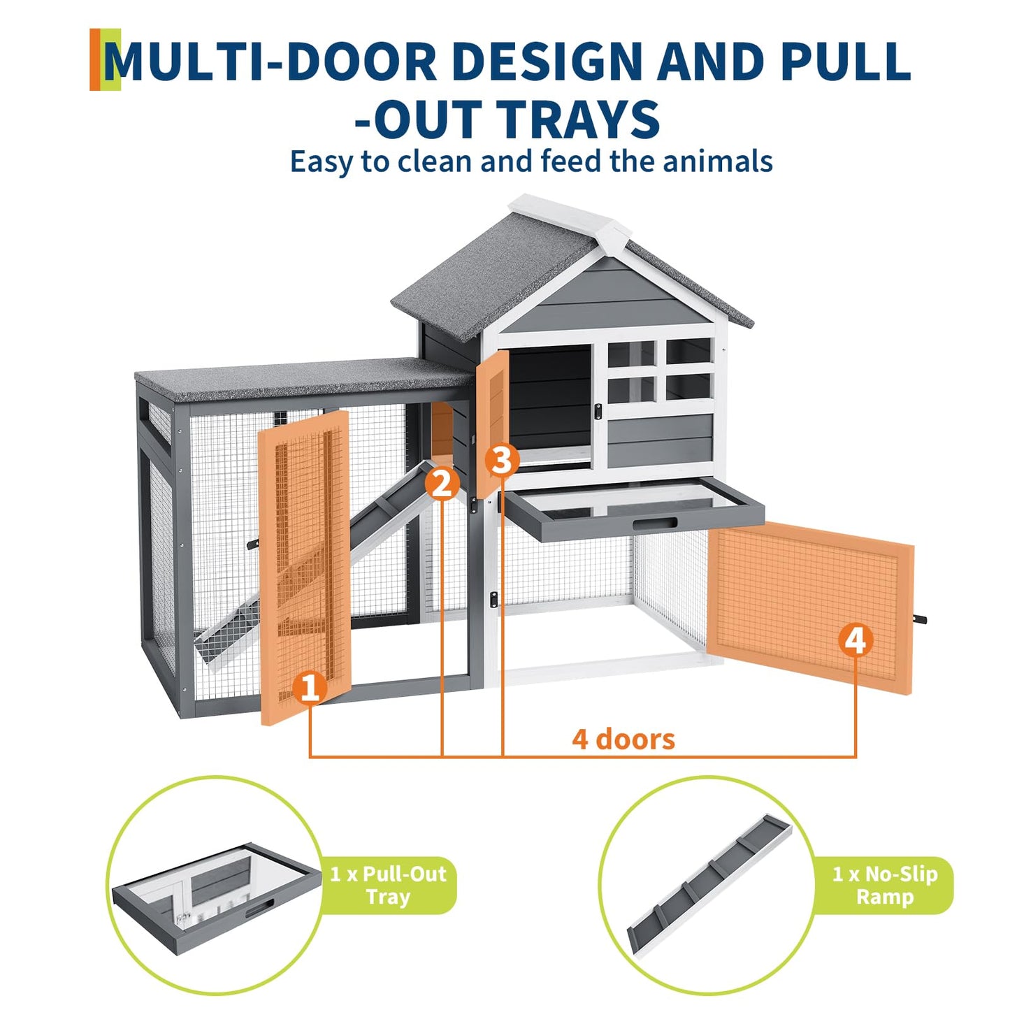 2-Story Rabbit Hutch, Small Wooden Chicken Coop, with Waterproof Roof, Pull Out Tray and Anti-Slip Ramp, Bunny Cage for Indoor Outdoor (45.28" L x 20.08" W x 36.61" H)
