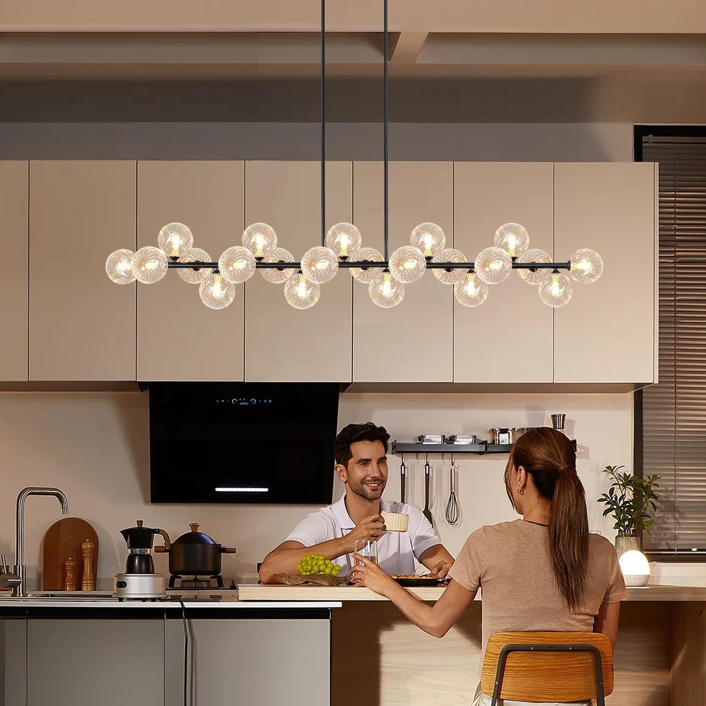 Lzawvm Modern Linear Chandeliers for Dining Room 70 Inhch Sputnik Linear Chandelier Clear Striped Glass Globe Pendant Light for Kitchen Island, Farmhouse, Living Room, Dia 70 Inch