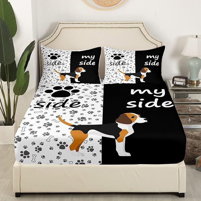 Erosebridal Lovely Dog Paw Bed Sheet Twin,Cute Puppy Bones Sheet Set for Kids Boys Girls,Black and White Animal Bedding Set Bedroom Decor,Dog Side My Side Fitted Sheet + Flat Sheet + 1 Pillowcase