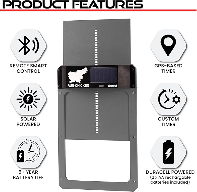 RUN-CHICKEN Door (Gray) Solar Chicken Coop Door, Battery Powered Automatic Chicken Coop Door, Programmable Electric Chicken Door with Timer, Light Sensor, Solar Powered, Eternal