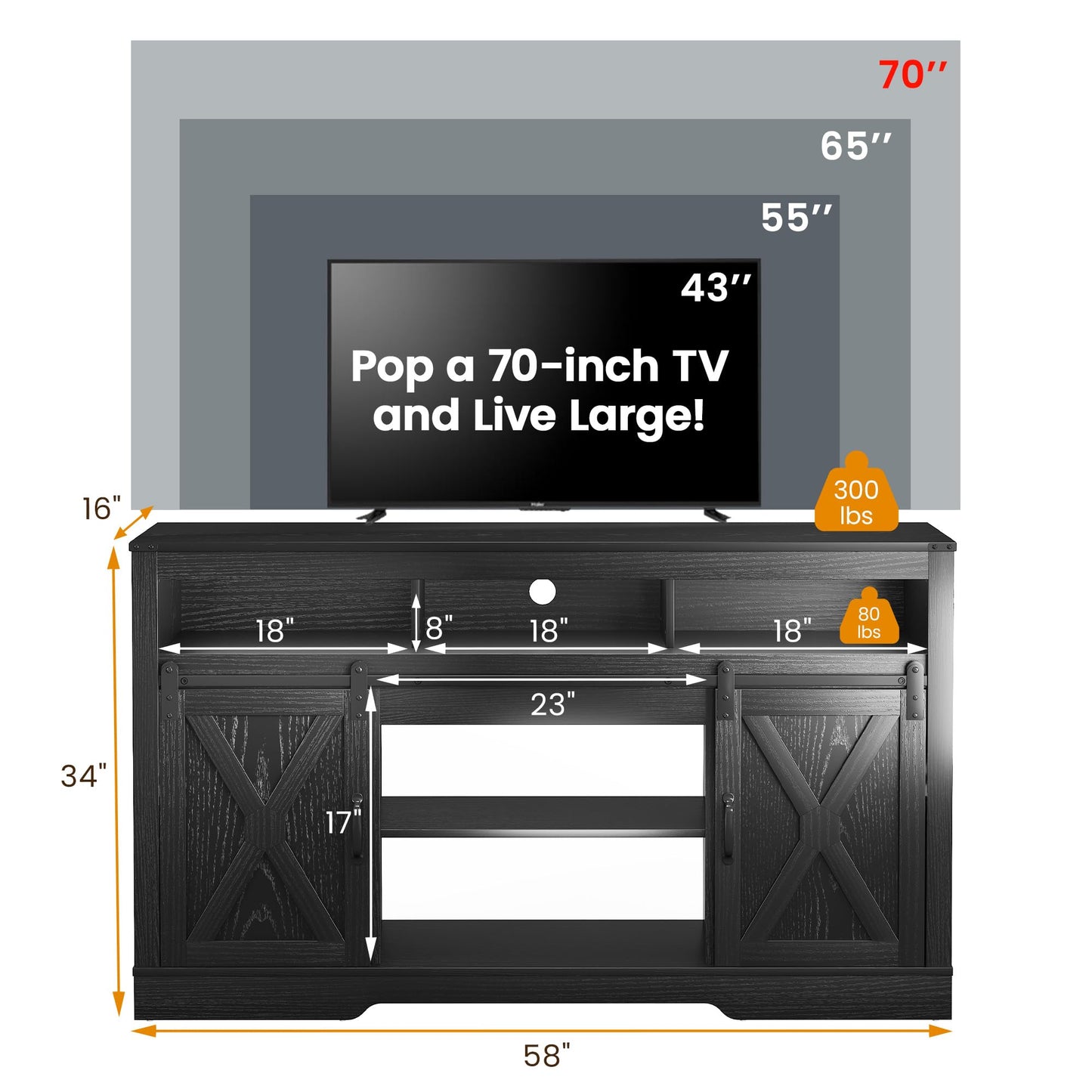 RoyalCraft Farmhouse Fireplace TV Stand for 65+ Inch TV, Entertainment Center with 23" Electric Fireplace with Remote, 34" Tall Modern Rustic TV Console with Sliding Bar Door for Living Room, Black