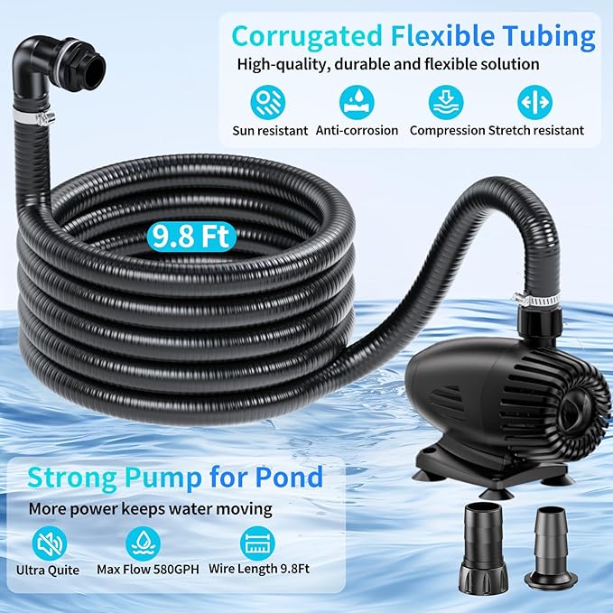 POPOSOAP 70W Pond Waterfall Spillway with Water Pump, 304 Stainless Steel Waterfall Kit with 9.8FT Corrugated Tube, Pond Waterfall Box for Outdoor Pond Waterfall Setup Waterfall System Garden Decor