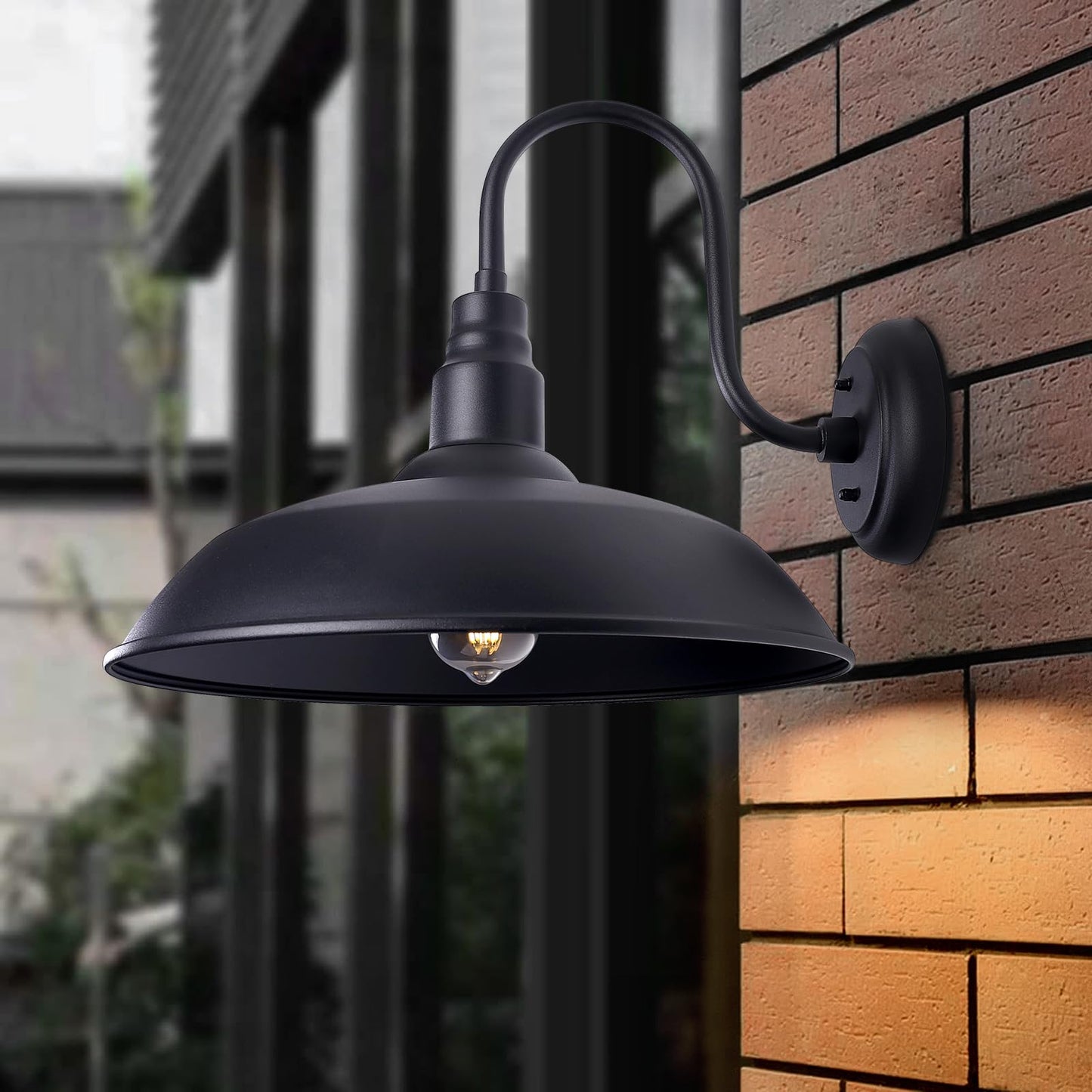 Large Black Gooseneck Barn Light for Farmhouse, 16in Dome Outdoor Wall Lights for Porch, 4 Pack Exterior Lighting Fixture with Goose Neck Arm for Front and Back Porch House Garage Door