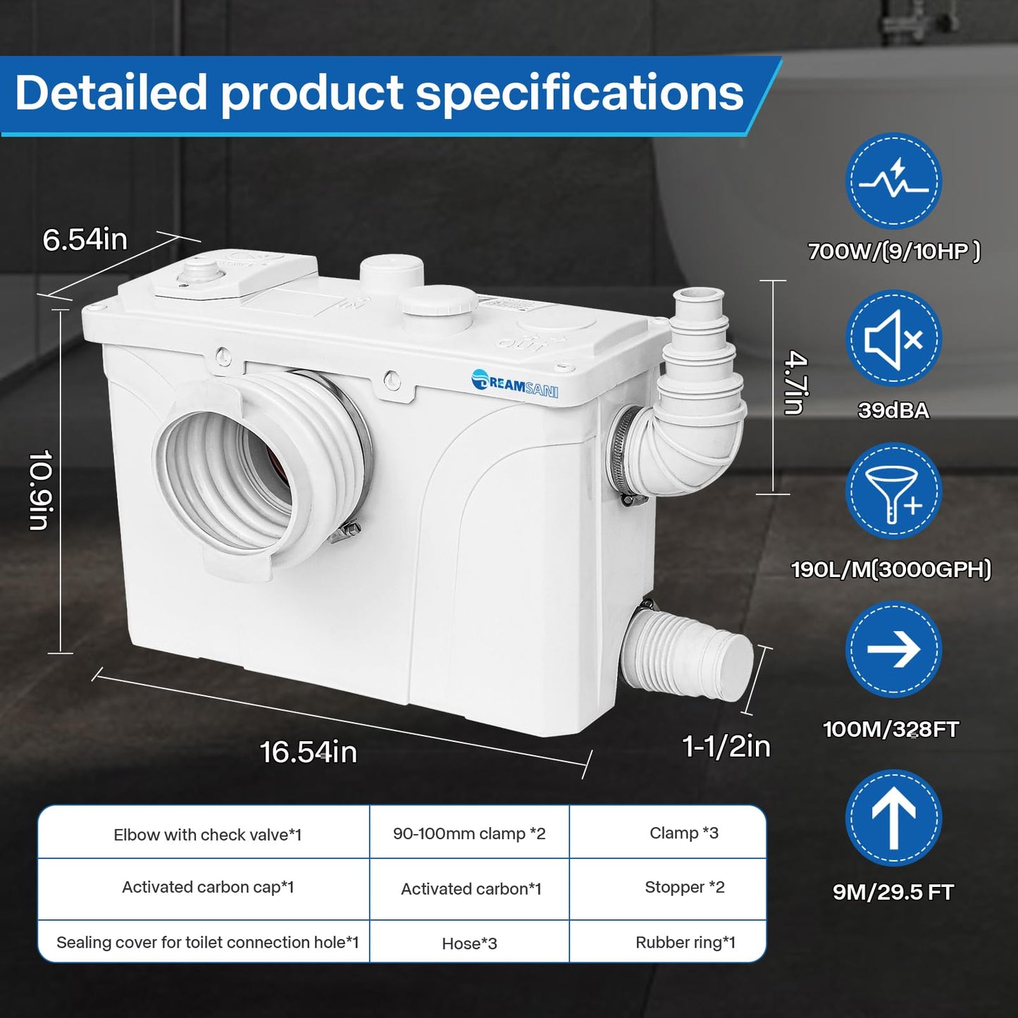 700Watt Macerator Pump, Macecrating Toilet Pump for Basement with 4 Water Connections for Macerating Toilet, Laundry, Cooking Sink, Clothes Washer
