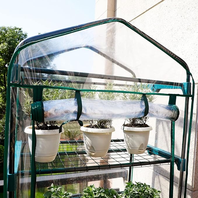Worth Garden 4 Tier Mini Greenhouse - 63'' H x 27'' L x 19'' W - Sturdy Portable Gardening Shelves with PVC Cover - Small Green House Use in Indoor & Outdoor for Plants Flowers