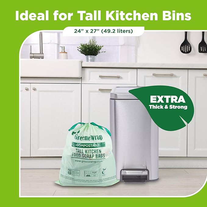 13 Gallon Compostable Trash Bags Liner with Drawstring, Heavy Duty Extra Thick 1 Mil, 49.21 Liter, 30 Bags, Tall Kitchen Food Scrap Waste Bag, BPI and OK Compost Home Certified, ASTM D6400
