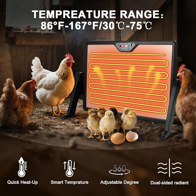 Chicken Brooder Heater with Stand, 180W Chicken Coop Heater with Temperature Control Display and Remote Control, Heat Plater for Chicks Young Poultry, Black Frame