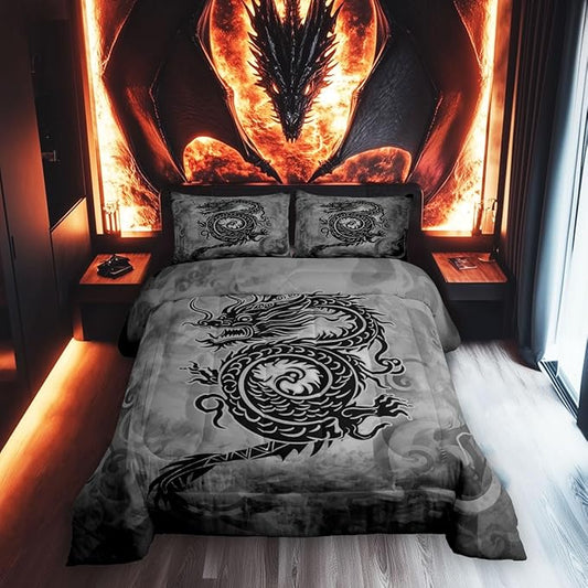 Castle Fairy Dragon Comforter Set,Exotic Chinese Style Wildlife Animal Bedding Set Kids Teens Modern Decor,Vintage Black Gray Graffiti Comforter with 1 Pillowcase for All Seasons,Twin