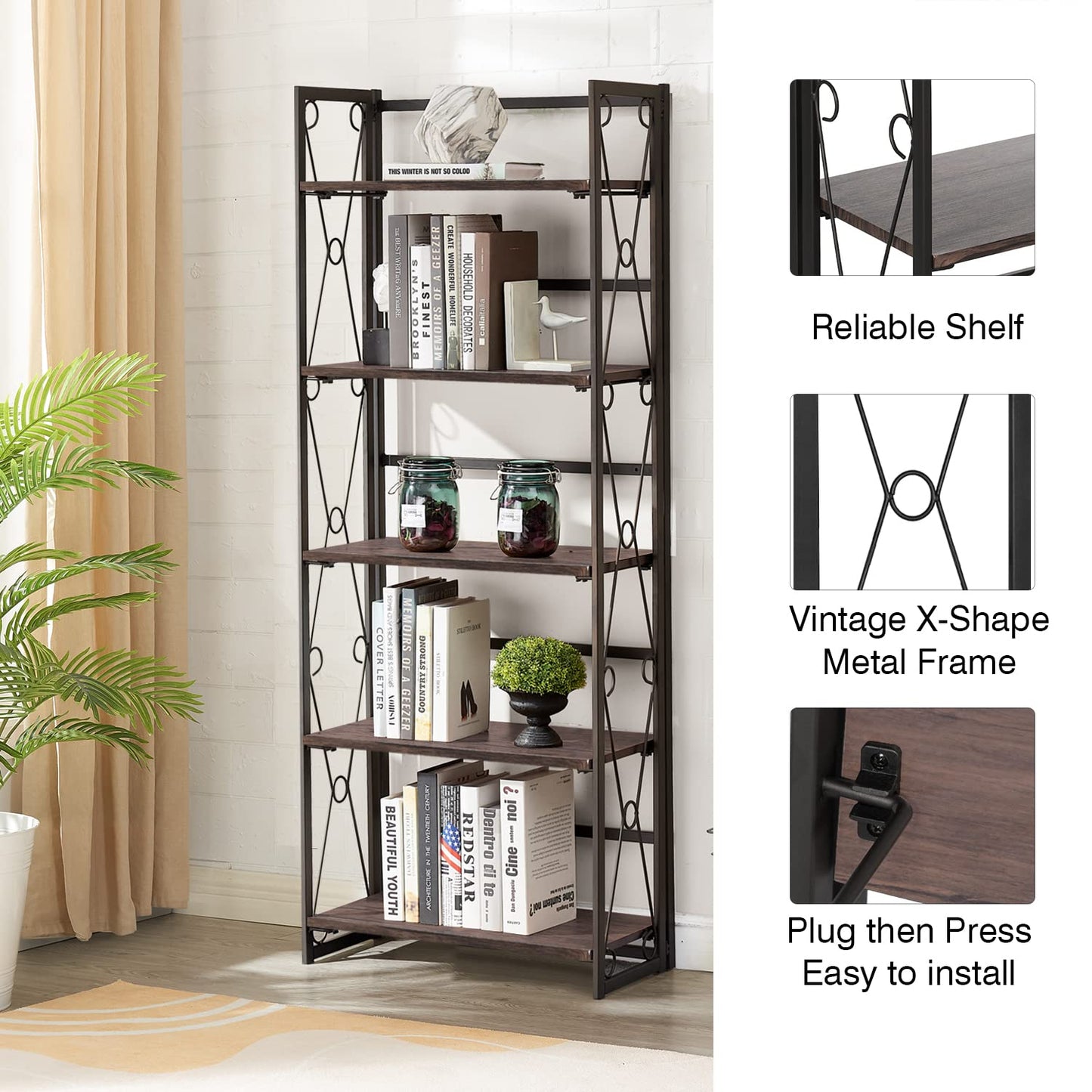 VECELO 2 Set Folding Bookshelf 5-Tier,Industrial Metal Frame & Wood Shelves,Foldable Bookcase No Assembly Free Standing Storage Organizer for Living Room,Office,Bedroom