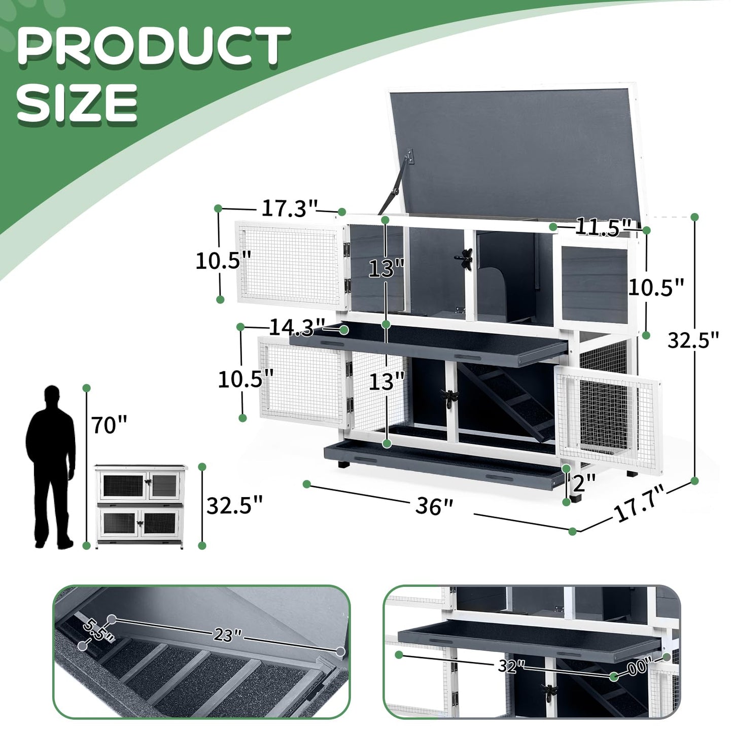 2 Story Solid Wood Rabbit/Bunny Hutch with 2 Large Main Rooms, Indoor Outdoor Rabbit House Guinea Pig Cage Pet House for Small Animals with Ventilation Door Removable Tray Waterproof Roof (Grey)