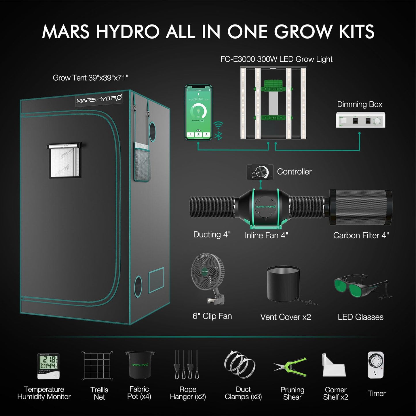Mars Hydro 3x3 Smart Grow Tent Kit Complete System and ITime 2-in-1 Smart Timer Outlet Dual Outlet App Control Custom Programmable 12 On/Off for Home Office and Plant Growth Use