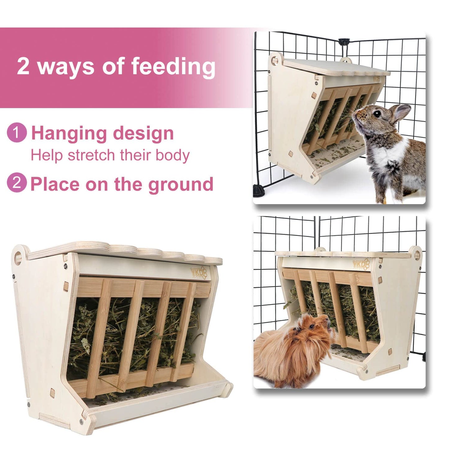 Pet Wooden Hay Feeder for Rabbits, Guinea Pigs, and Chinchillas - Alfalfa Timothy Dispenser, Less Wasted Small Animals Manger (Hanging Large)