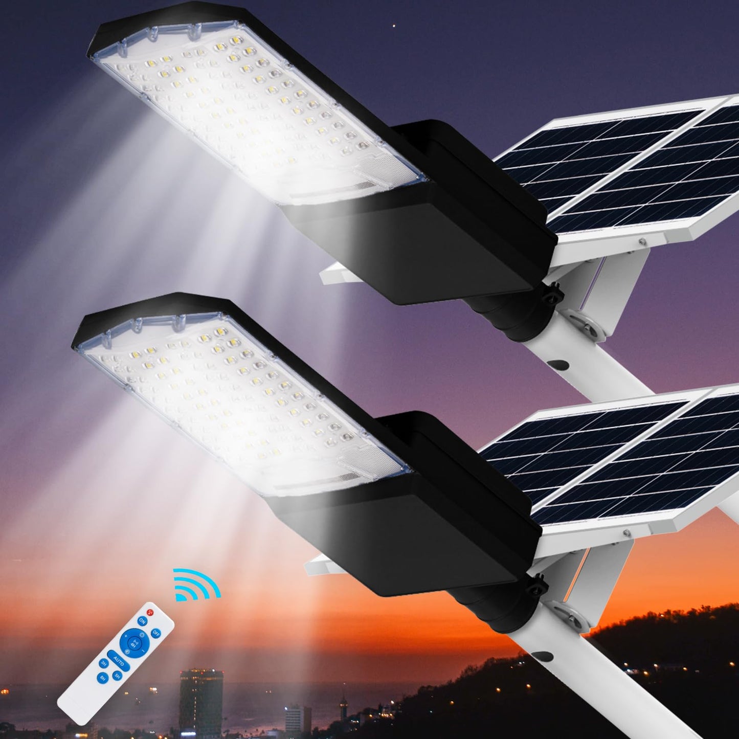 LANGY Solar Street Lights Outdoor 5000W 2Pack, Solar Parking Lot Light 6700K 500000LM Outdoor LED Solar Street Light Dusk to Dawn, LED Wide Angle Lamp with Motion Sensor, Remote Control, for Road Yard
